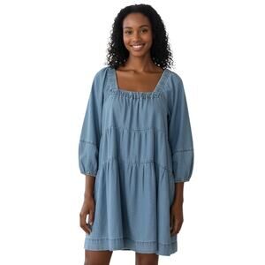 Free People Tiered Denim Babydoll Mini Swing Dress w Pockets Boho Coastal size S